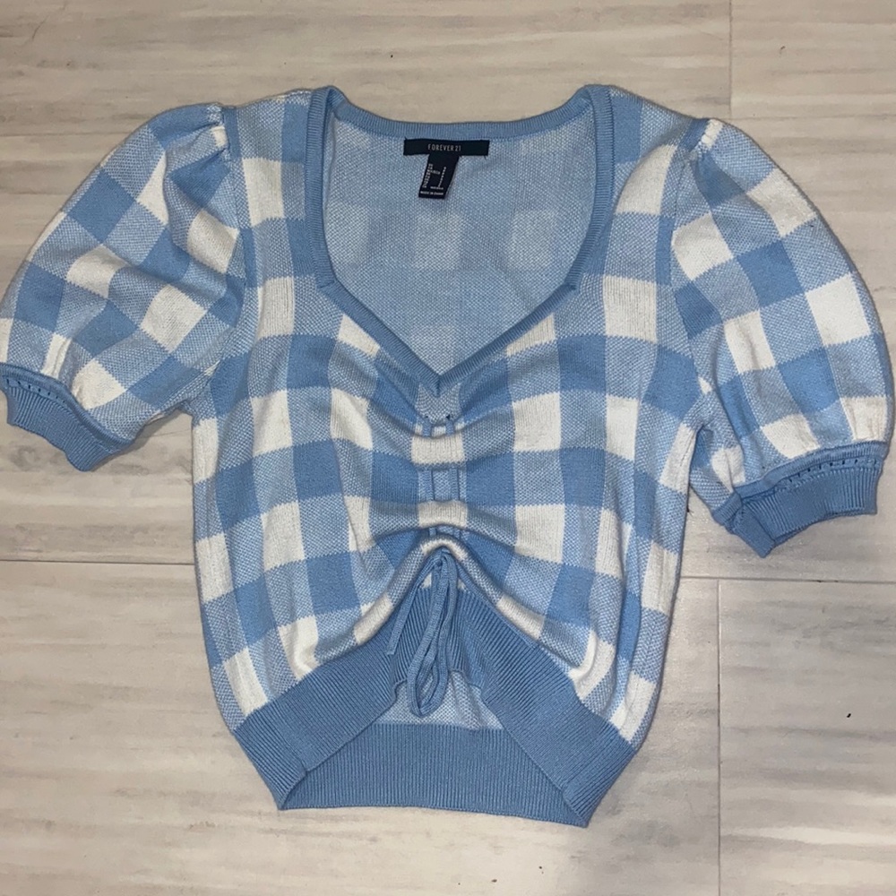 Forever 21 puff sleeve knit gingham top